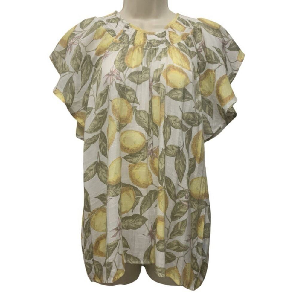 Women’s Harve Benard Lemon Print Blouse L Smocked Flutter Sleeve Top